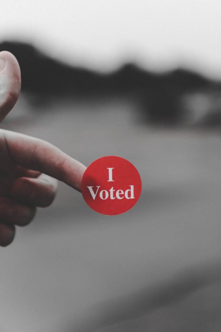 a hand holding a red button that says i vote